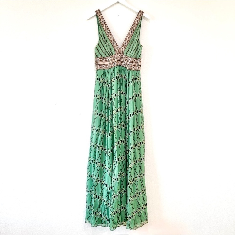 BCBGMaxAzria Green Printed V-Neck Maxi Dress with Ivory Trim - Picture 6 of 9